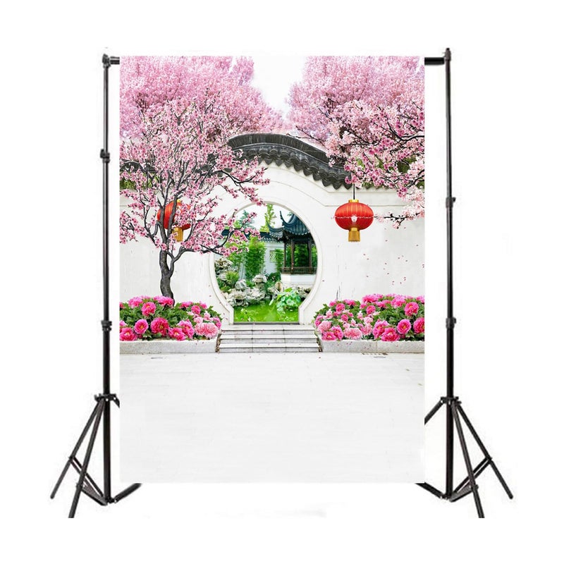 AOFOTO 6x8ft Cherry Blossom Flowers Red Lantern Backdrop for Photoshoot Chinese Garden Courtyard Archway Arch Gate Spring Theme Backdrop Traditional Spring Festival Kids Adult Portrait Photo Props - Image 4